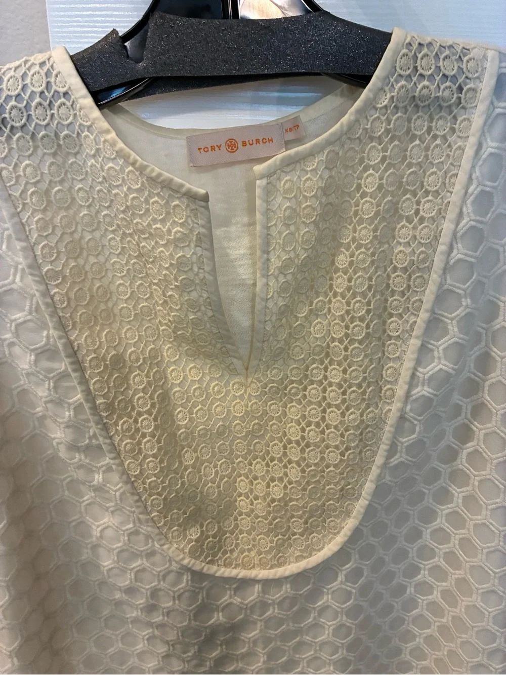 Tory Burch Cream Hex Lace Tunic with Textured Yoke